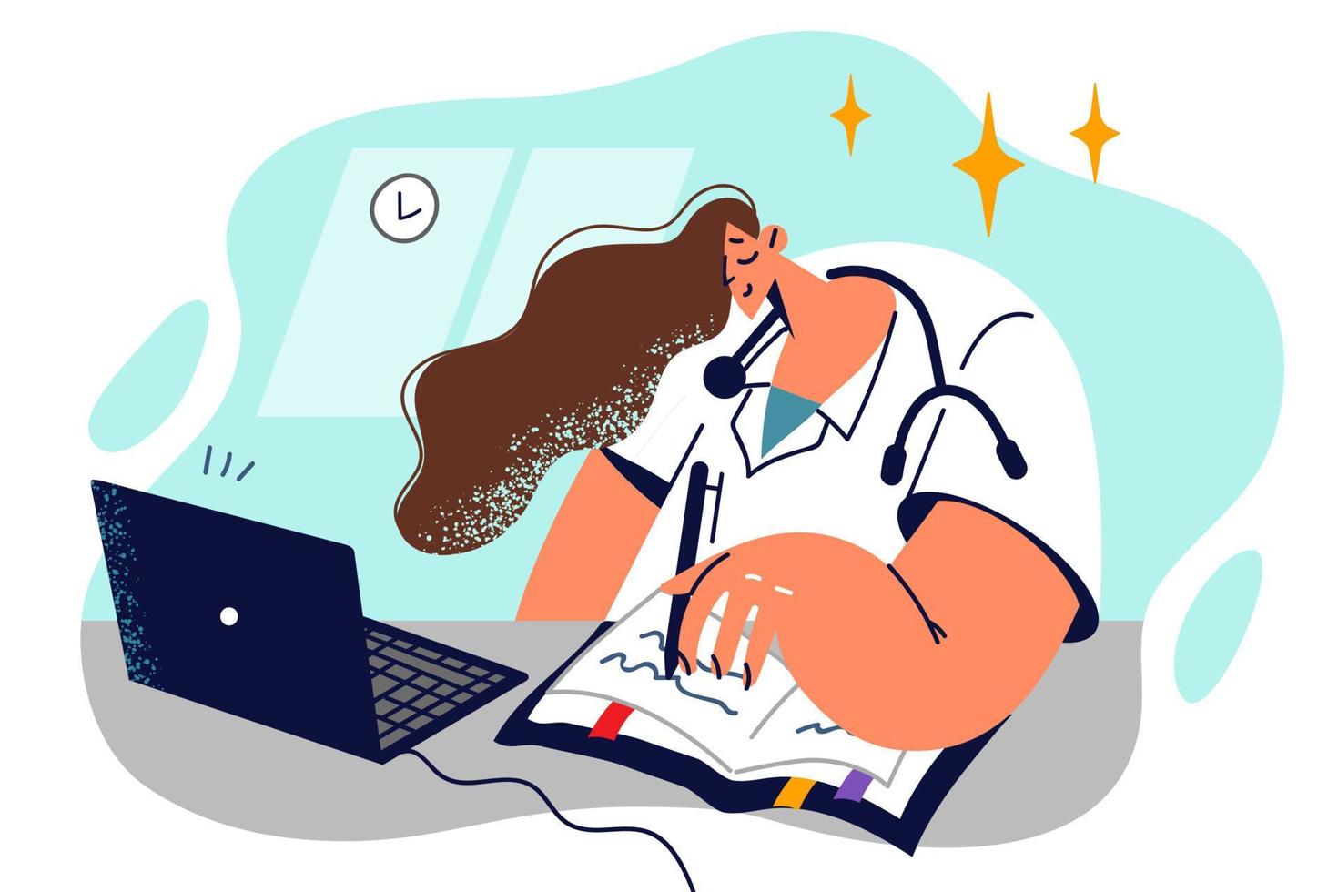 Female doctor works in field of telemedicine consulting patients via Internet in laptop and giving recommendations for treatment. Doctor therapist in white coat provides online help to sick people vector