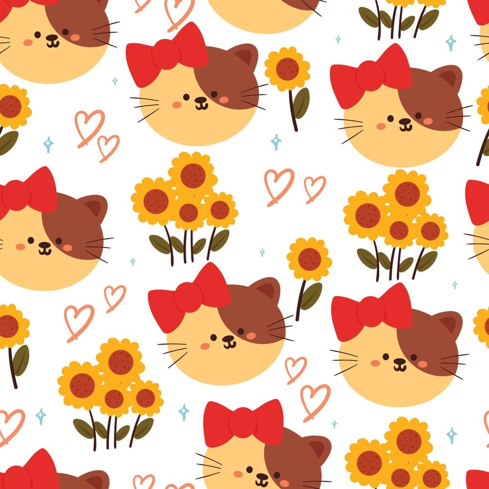 flor y gato de dibujos animados de patrones sin fisuras. lindo papel tapiz animal para textiles, papel de regalo vector