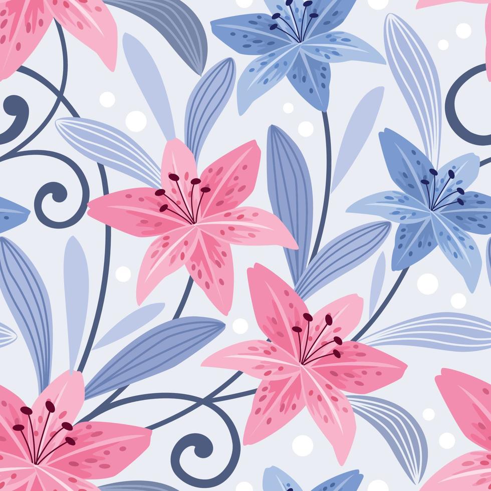 Beautiful old rose and blue lily flowers seamless pattern. vector