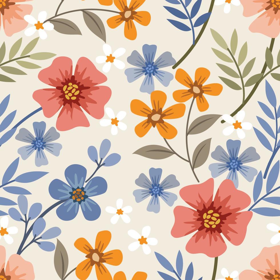 Colorful hand draw flowers on yellow color background seamless pattern vector