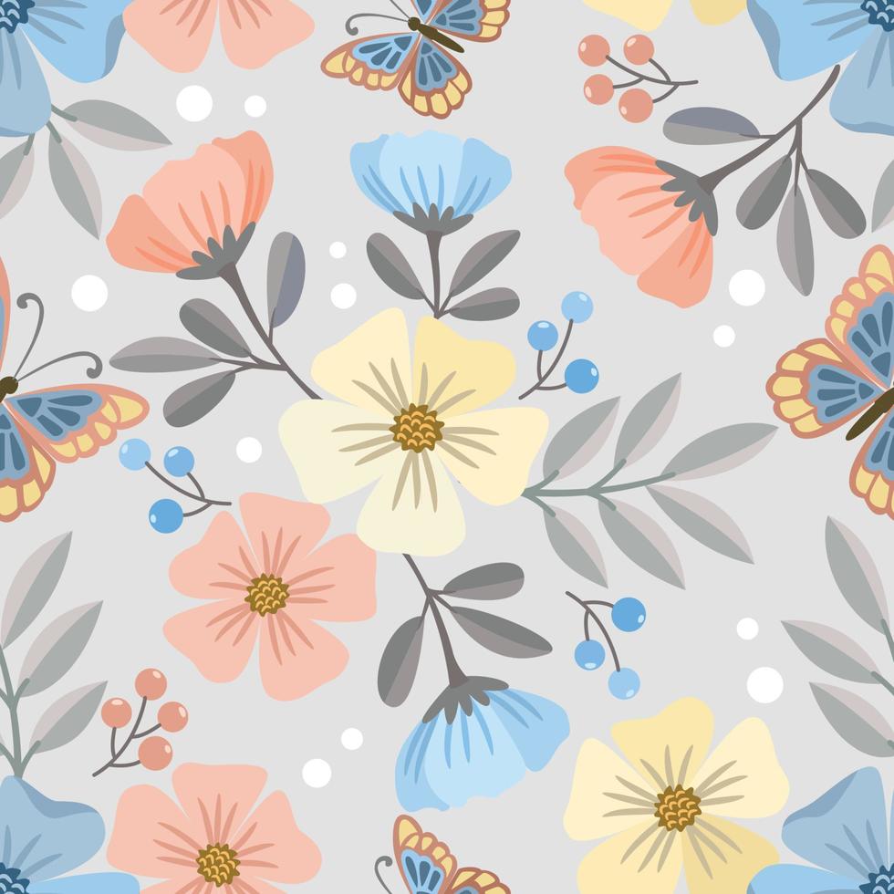 Beautiful flowers and butterfly seamless pattern. vector