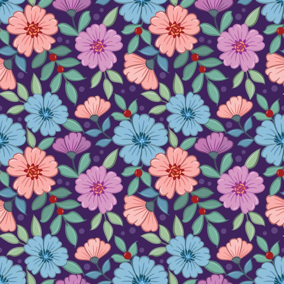 Colorful hand draw flowers on purple color seamless pattern vector