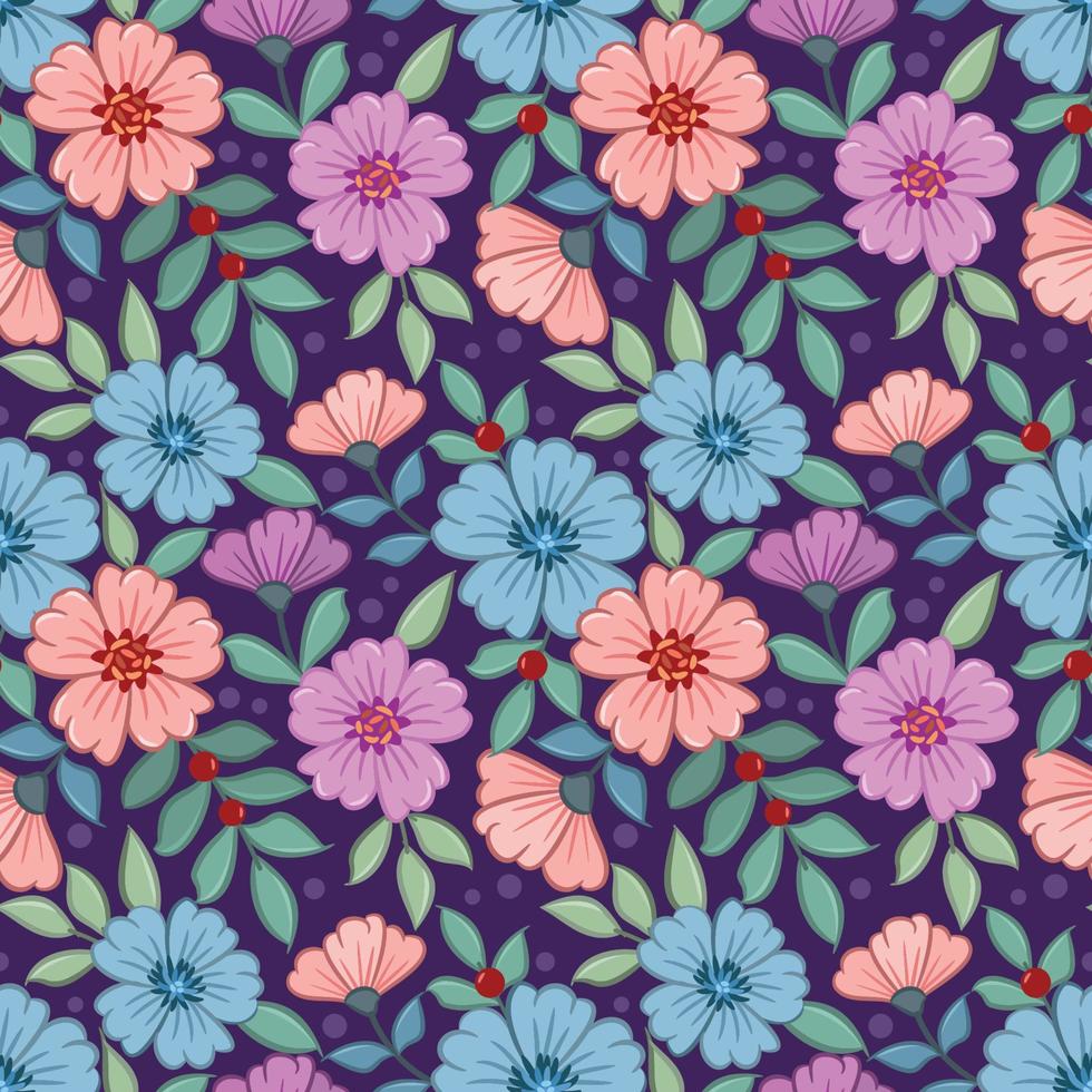 Colorful hand draw flowers on purple color seamless pattern vector