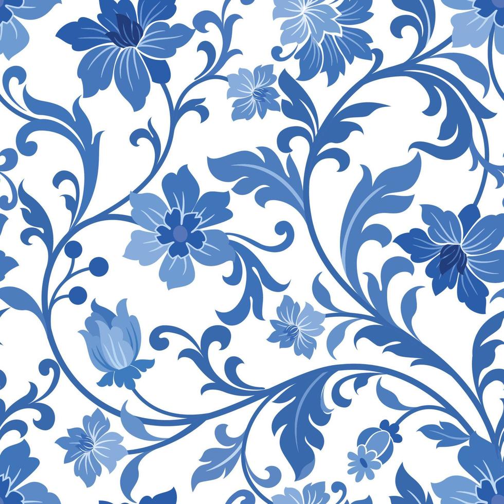 Blue monochrome flower ornament seamless pattern. vector