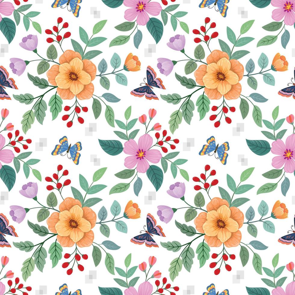 beautiful flowers and green leaf with butterfly seamless pattern. vector