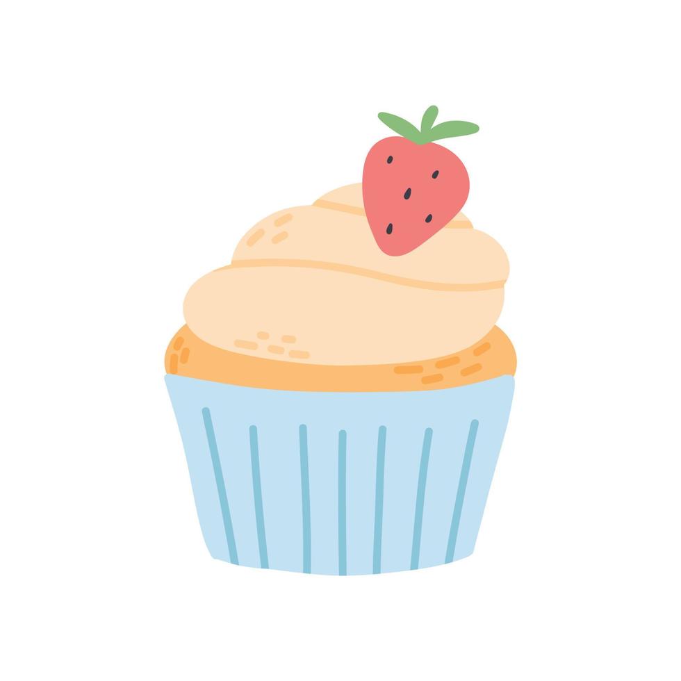 Muffin with cream and berries. Vector illustration . Cupcake isolated on white background. Doodle muffin for tea.