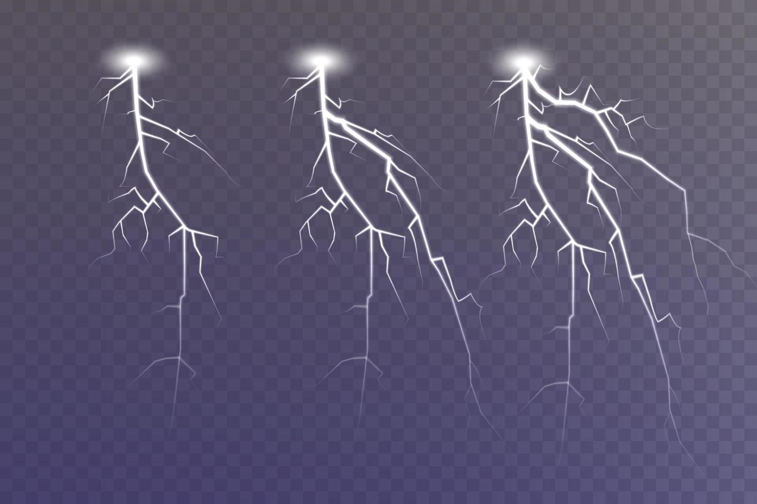 conjunto de relámpago mágico y brillante ligero efecto. tormenta con relámpago y nubes vector