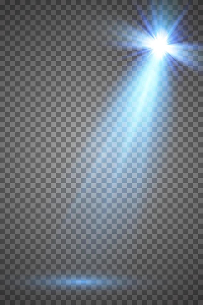 Light stage rays isolated. Vector blue scene spotlights glow. Shine vertical projector light beam effect template.