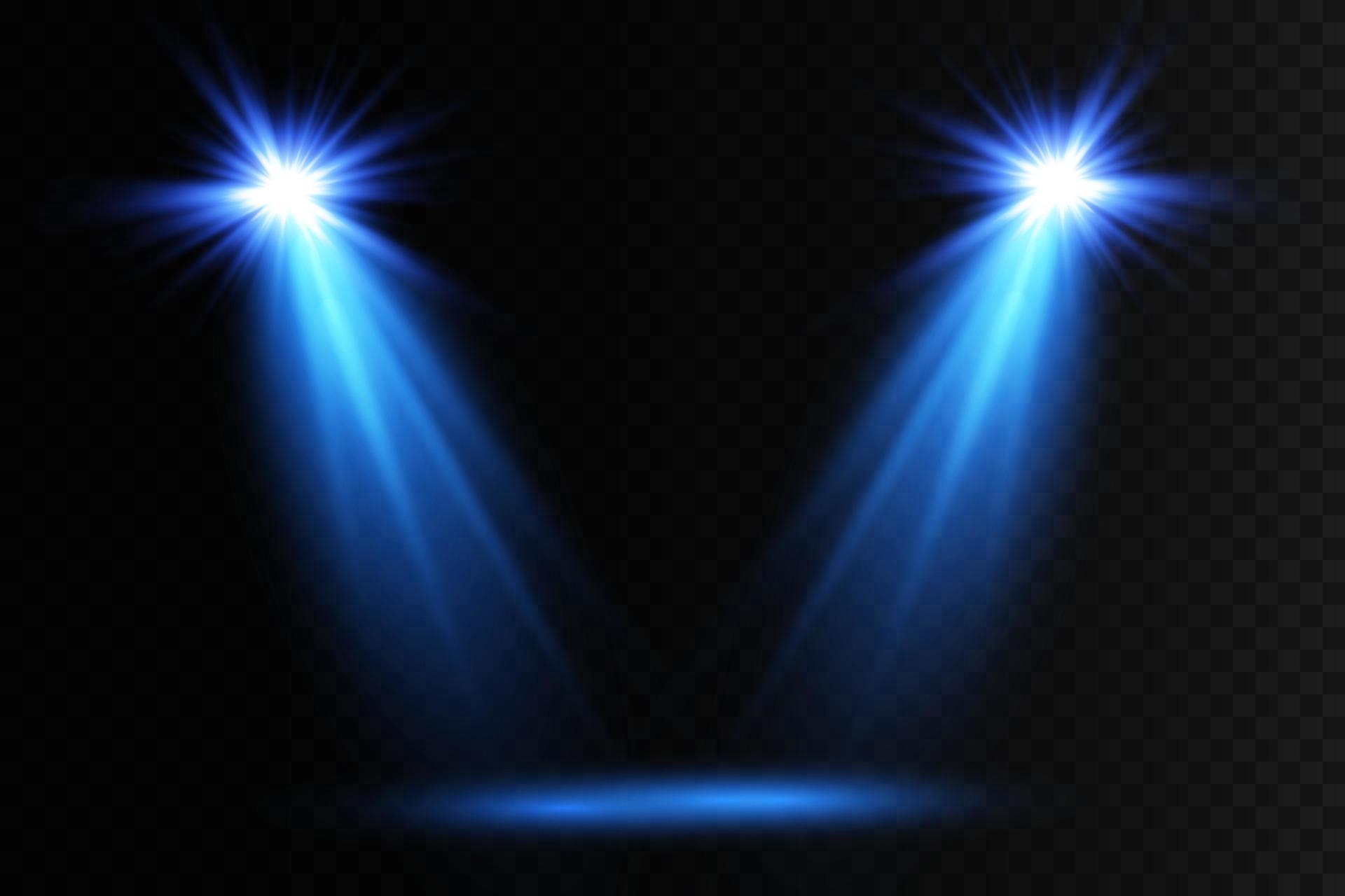 Light stage rays isolated. Vector blue scene spotlights glow. Shine