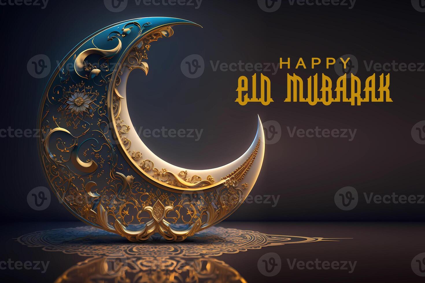 Eid Mubarak Crescent moon greeting card, poster, banner design, background illustration, islamic ornament, , generative, ai, photo