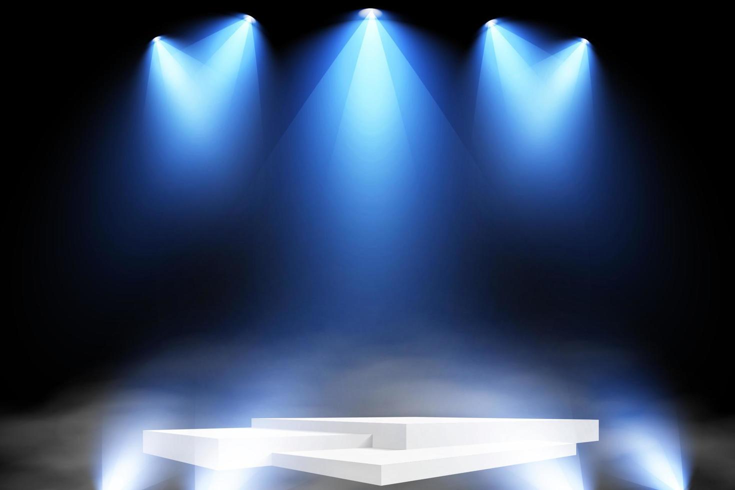 White rectangle plinth, pillar or display stage. Vector empty prize pedestal with blue projector light beams.