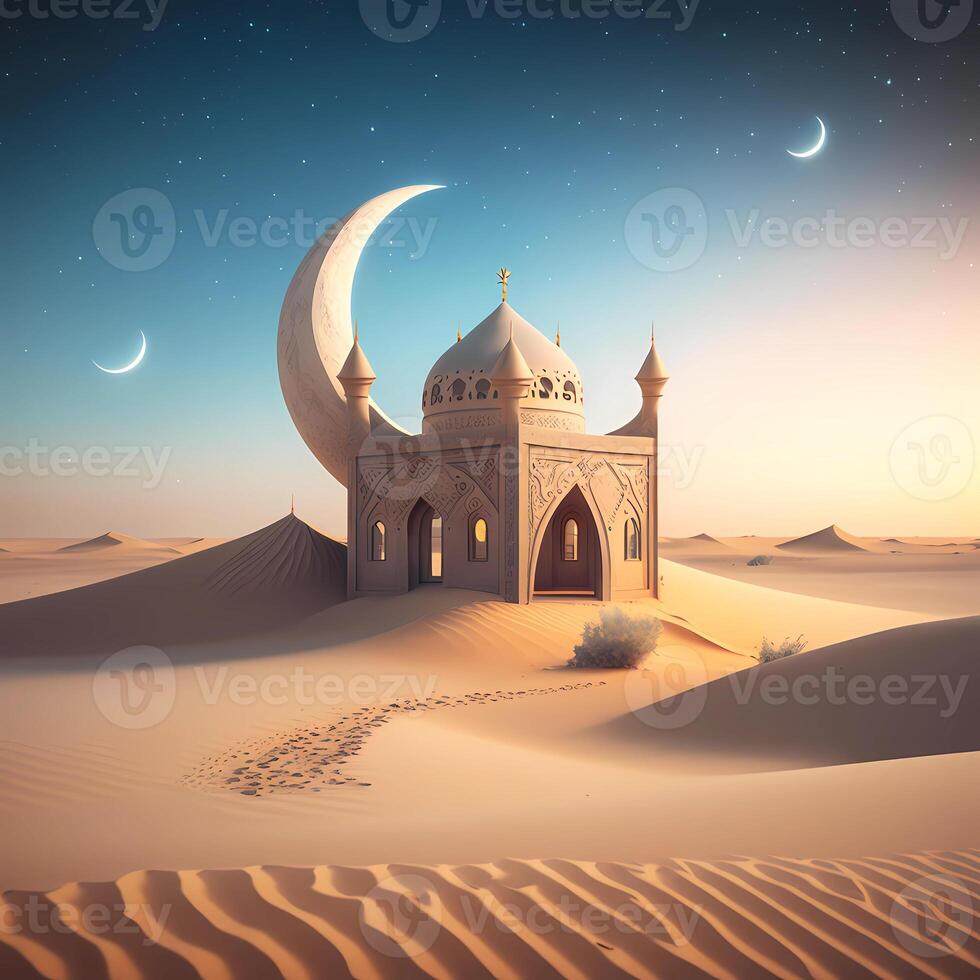 mosque in the desert Eid Mubarak Crescent moon greeting card, poster, banner design, background illustration, islamic ornament, , generative, ai, photo