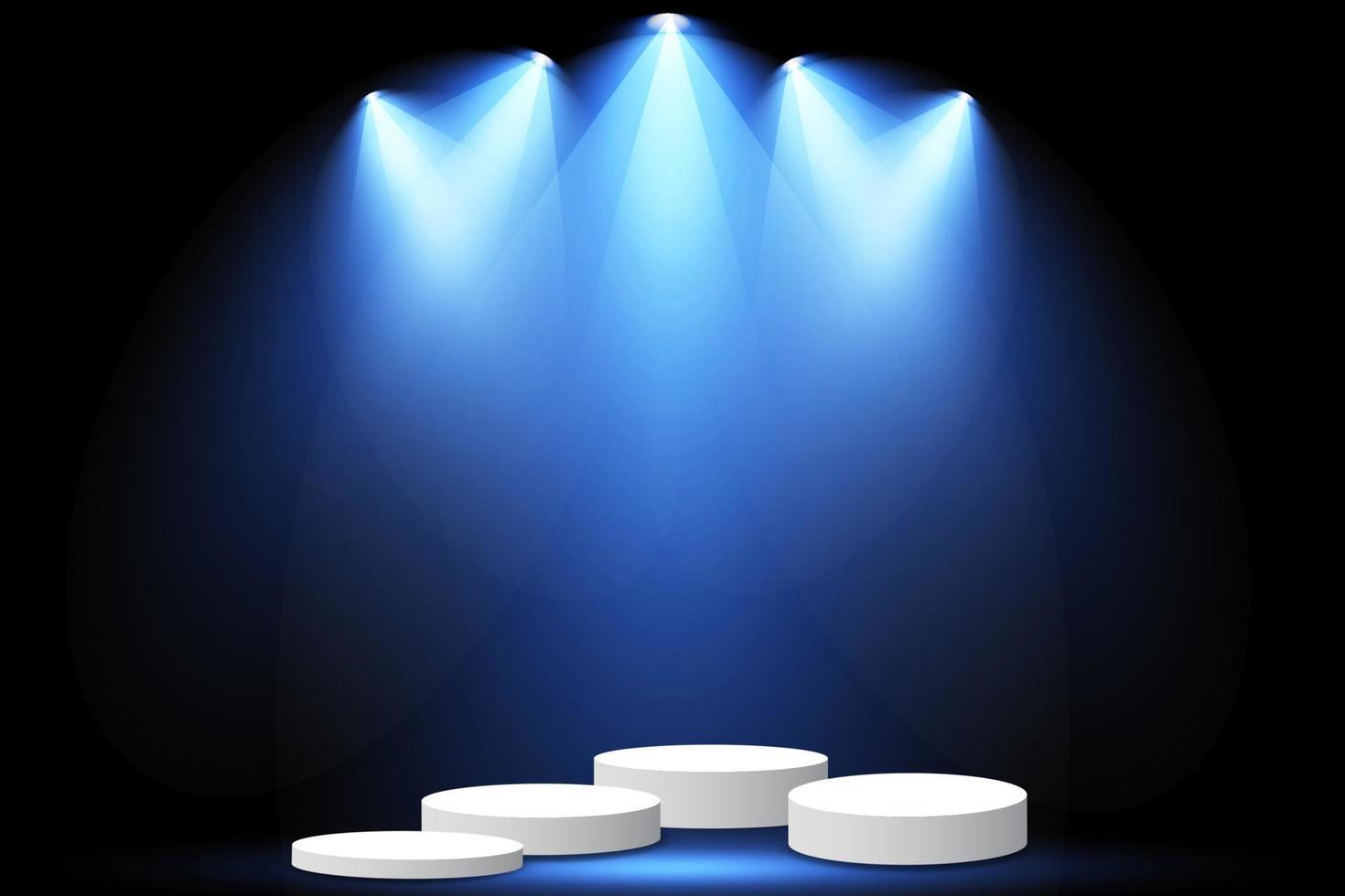 White circle plinth, pillar or display stage. Vector empty prize pedestal with blue projector light beams.