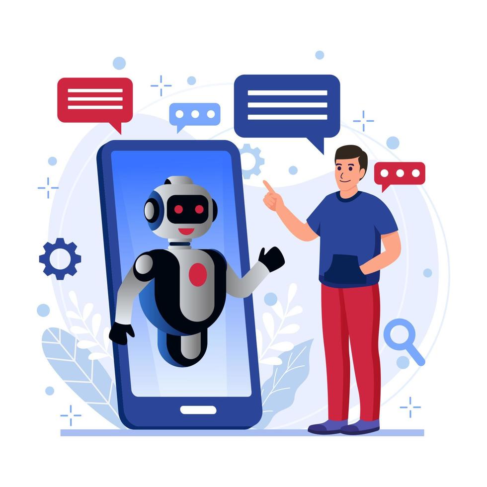 hombre hablando con ai chatbot vector