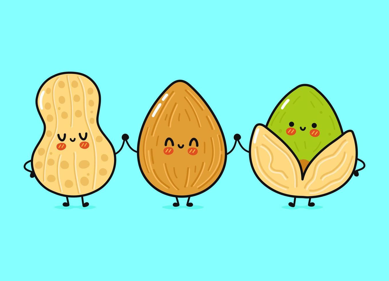 Cute, funny happy almonds, peanuts and pistachio nut. Vector hand drawn cartoon kawaii characters, illustration icon. Funny happy cartoon almond, peanut and pistachio nut mascot friends concept