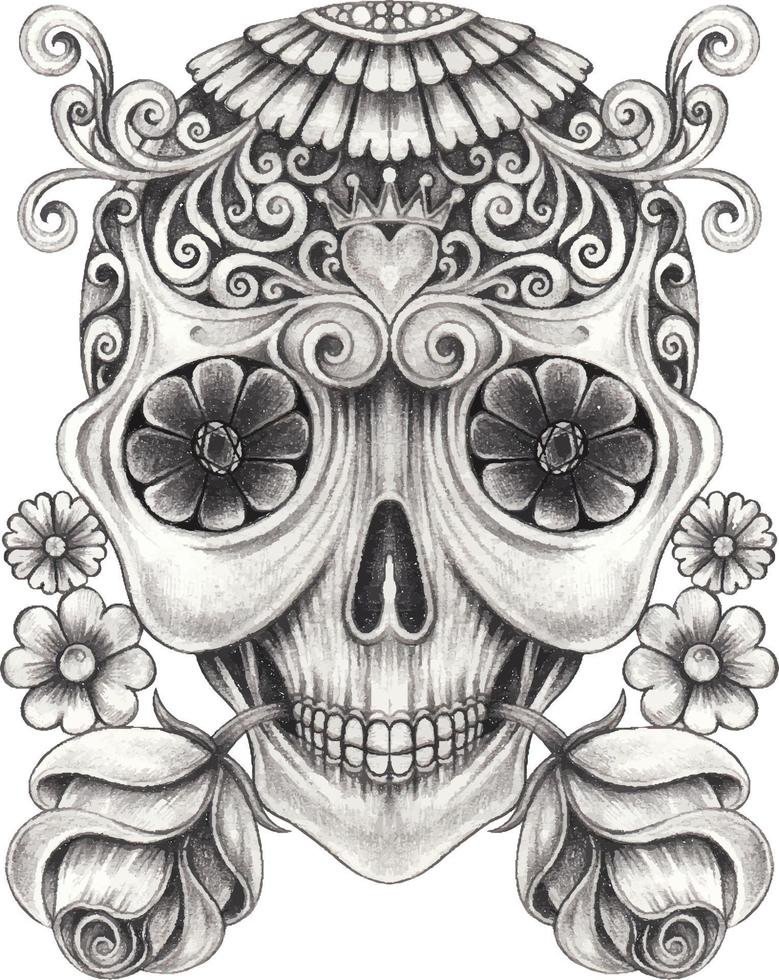 Art fancy skull day of the dead. Hand drawing and make graphic vector. vector