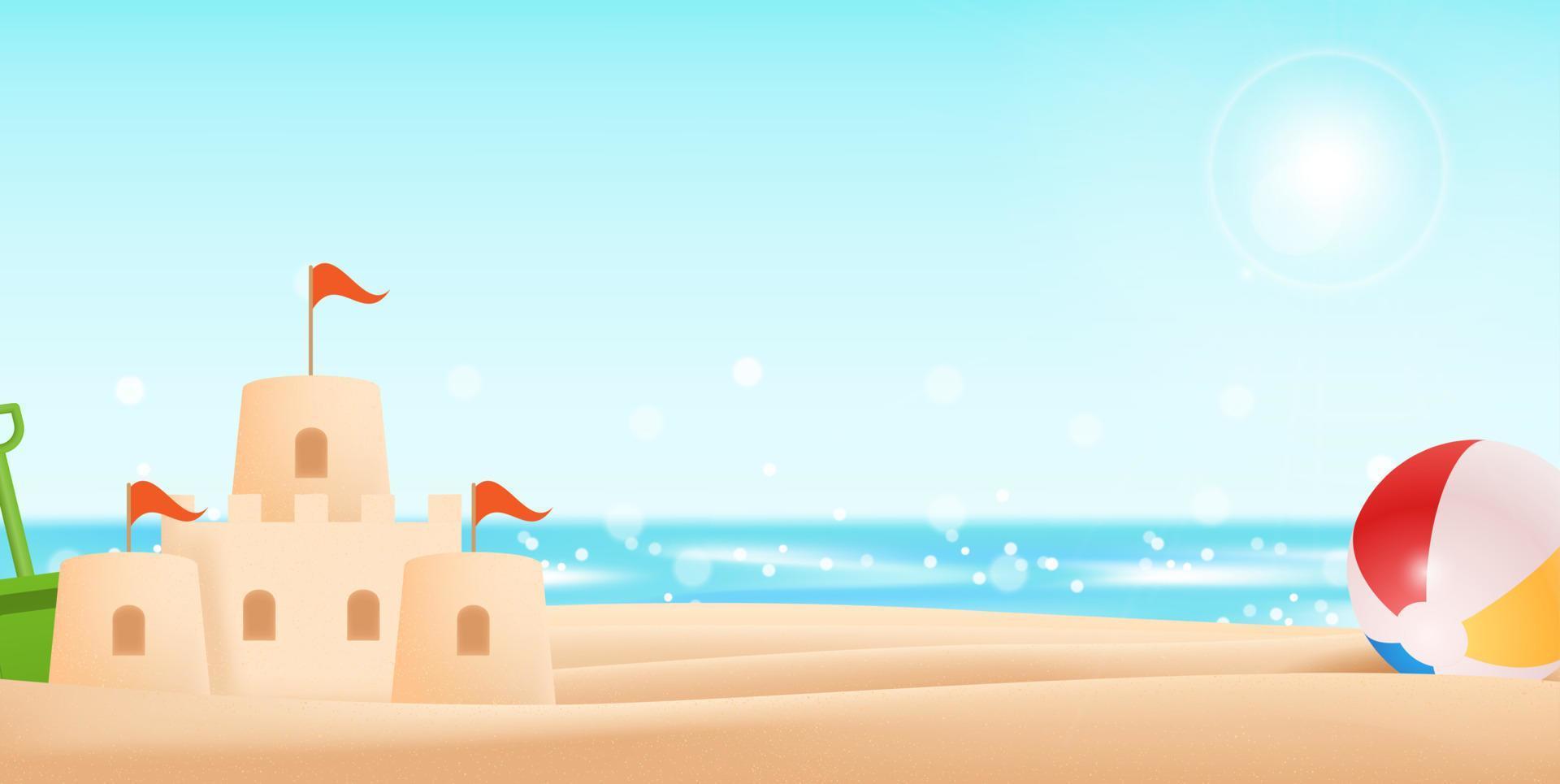 Holiday by the sea with sand castle and ball vector illustration.