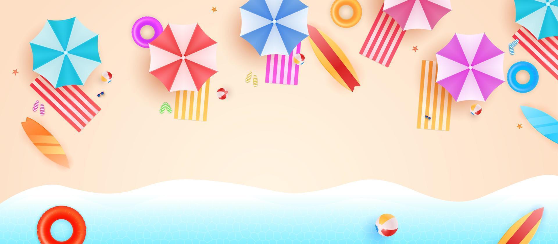 Top view beach background with umbrellas, balls, swim ring, sunglasses, surfboard, sandals, starfish and sea. aerial view of summer beach vector