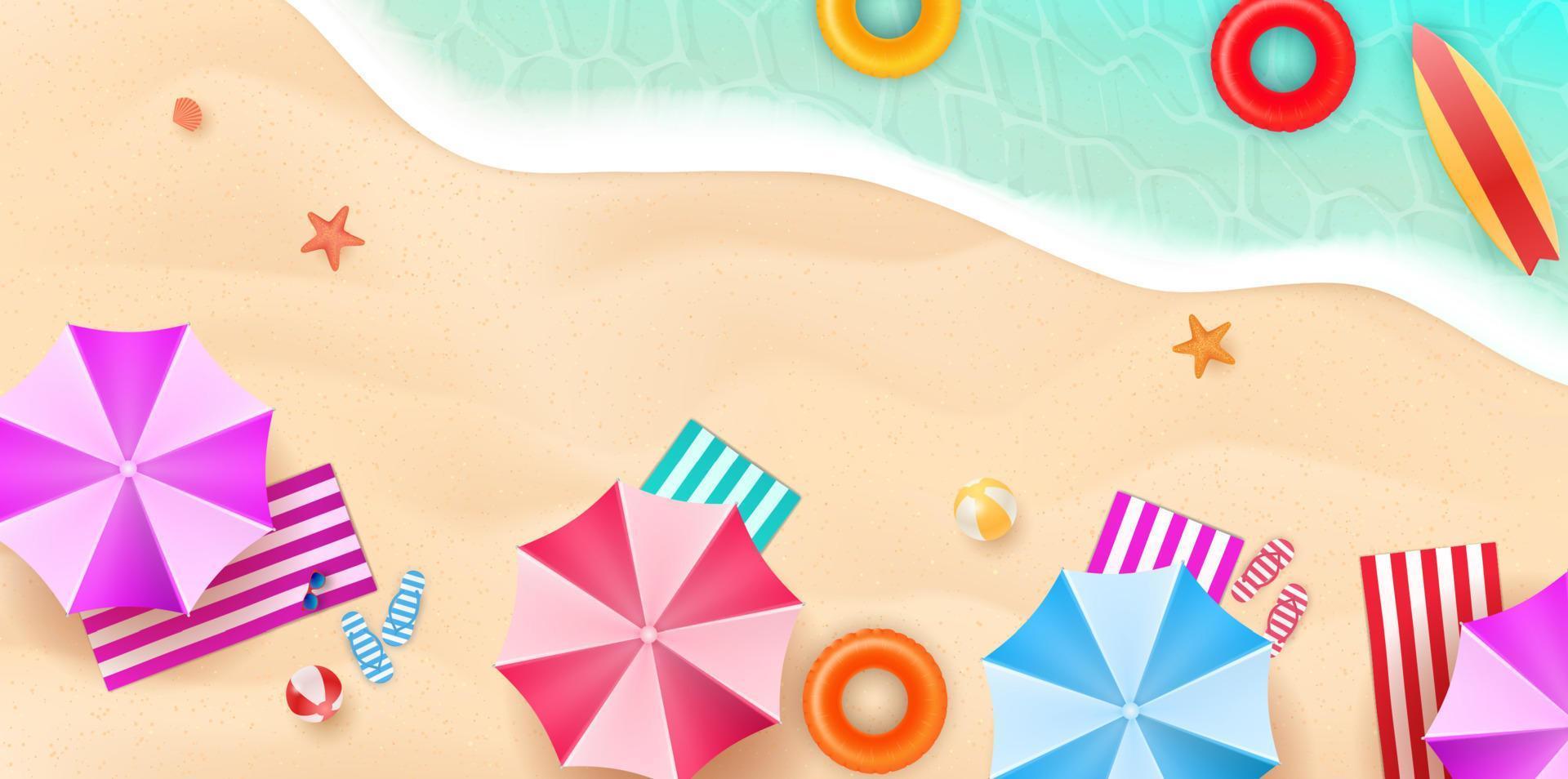 Aerial view of summer beach in flat design style. Slippers and towel, starfish and summertime, relaxation summer tourism, vector illustration