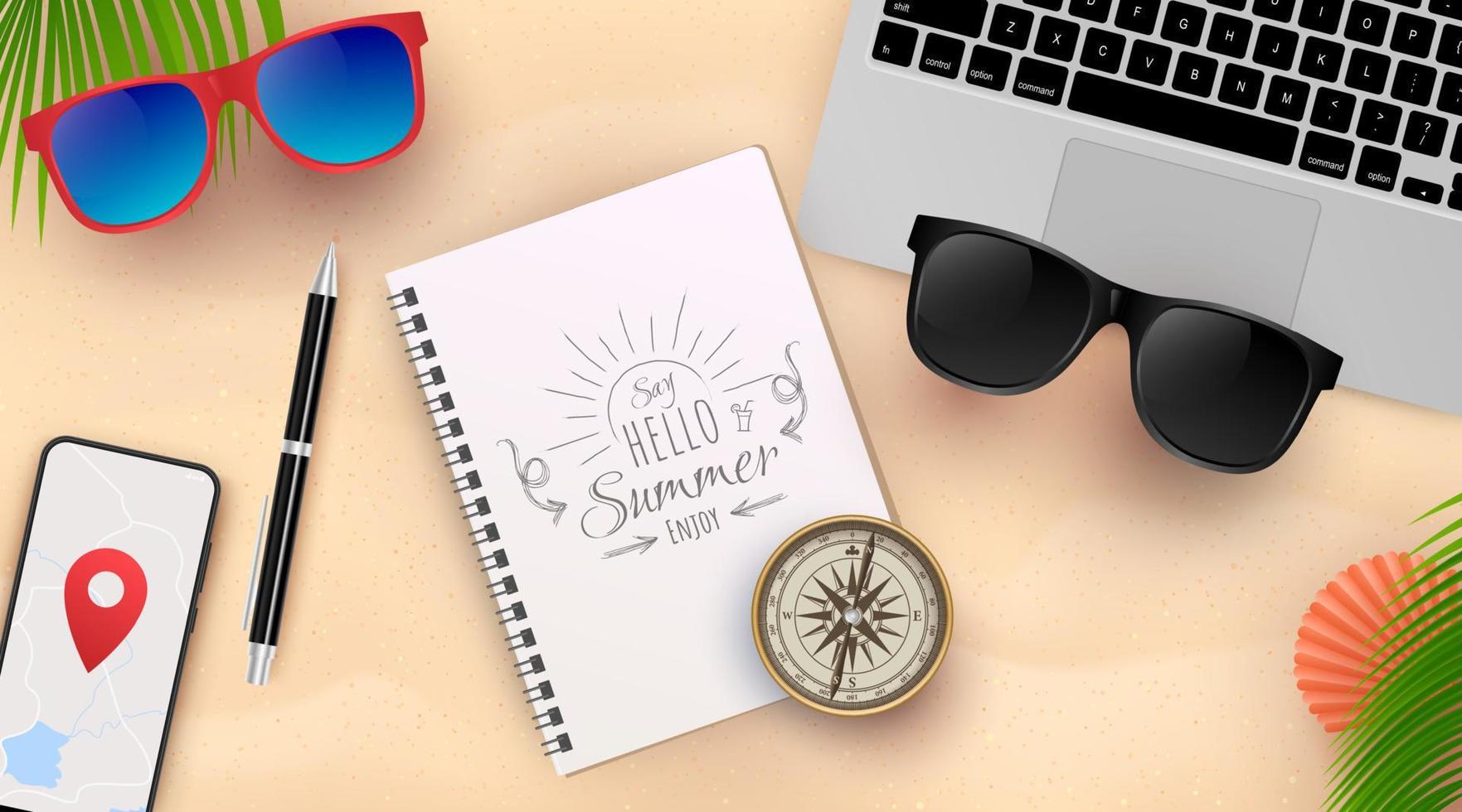 Beautiful summer vacation background. Top view on seashells, sun glasses, smartphone, notebook and sea sand. Vector illustration
