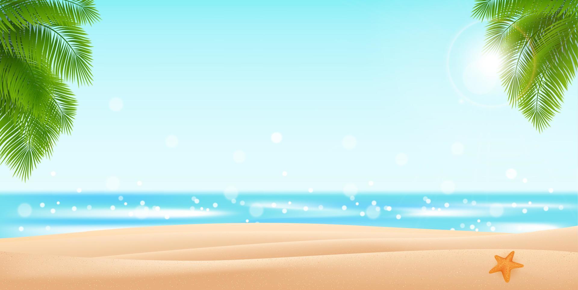 Sea panorama, Tropical beach vector background. Palm leaves sand and sea vector illustration for your design.