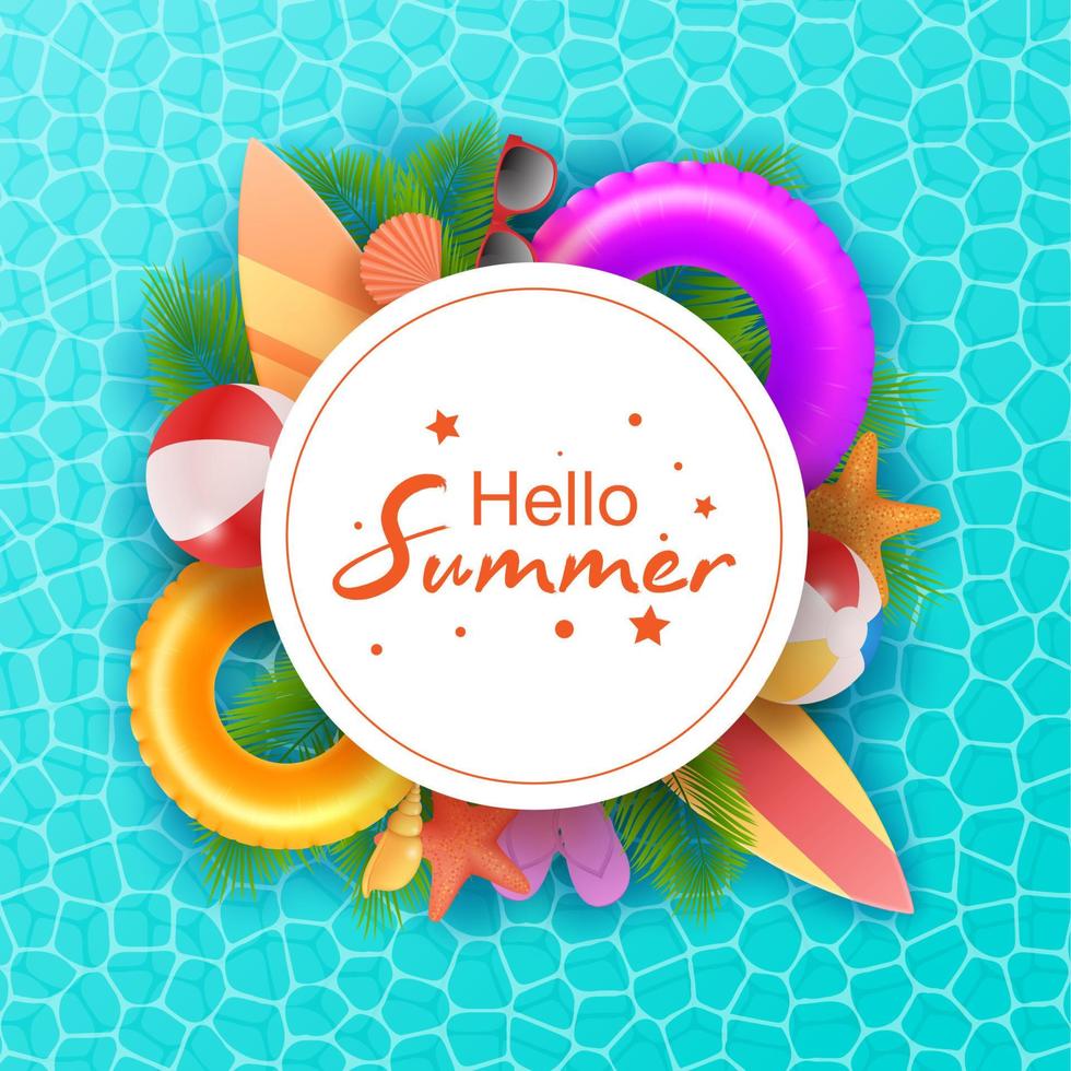 Hola verano tipográfico en con circulo antecedentes. tropical plantas, flor, playa pelota, Gafas de sol, cóctel, hielo crema, sandía, naranja y mar conchas vector ilustración.