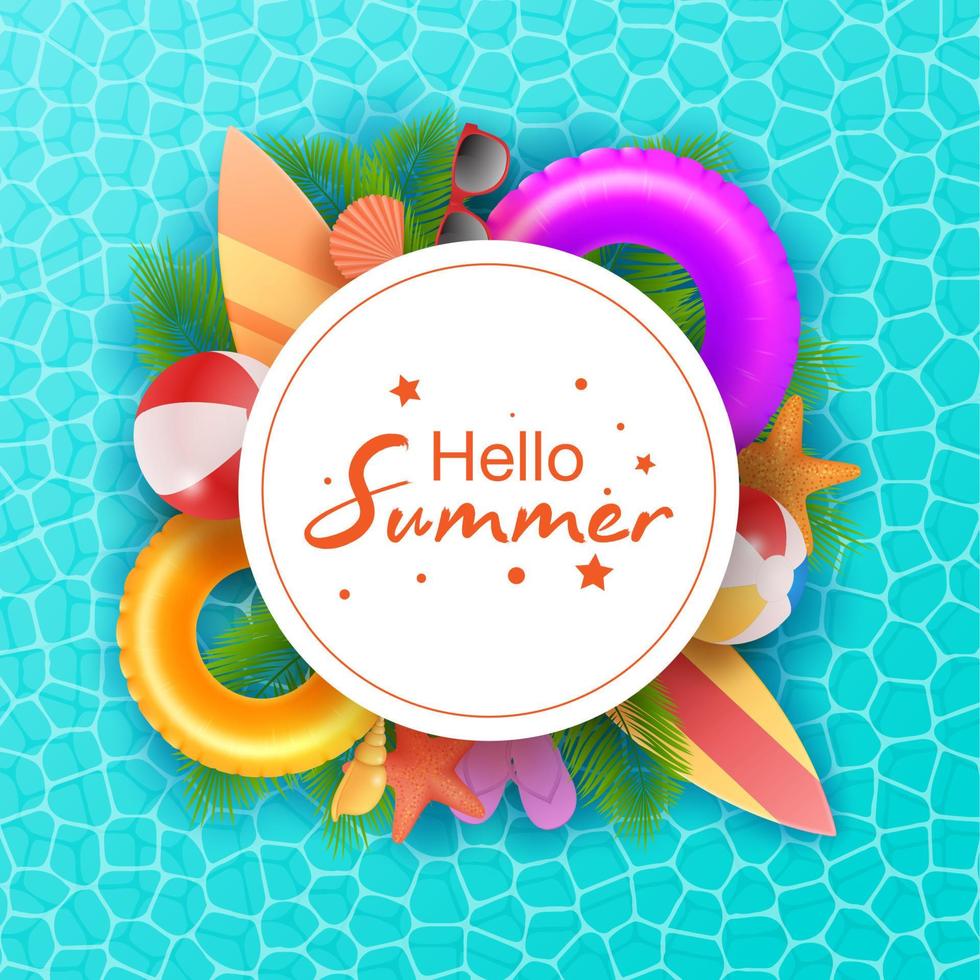 Hello Summer typographic on withe circle background. Tropical plants, flower, beach ball, sunglasses, cocktail, ice cream, watermelone, orange and sea shells. Vector illustration.