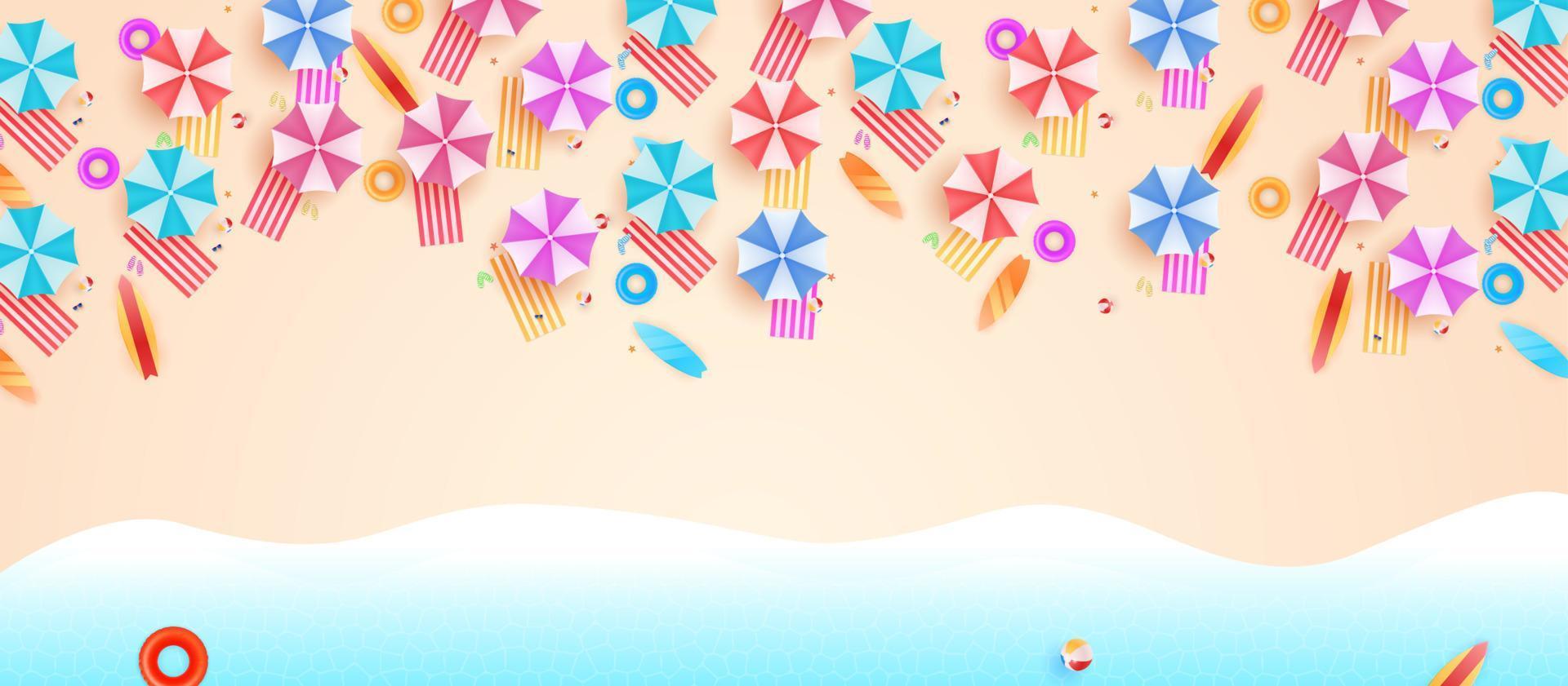 Top view beach background with umbrellas, balls, swim ring, sunglasses, surfboard and sea. aerial view of summer beach vector illustration