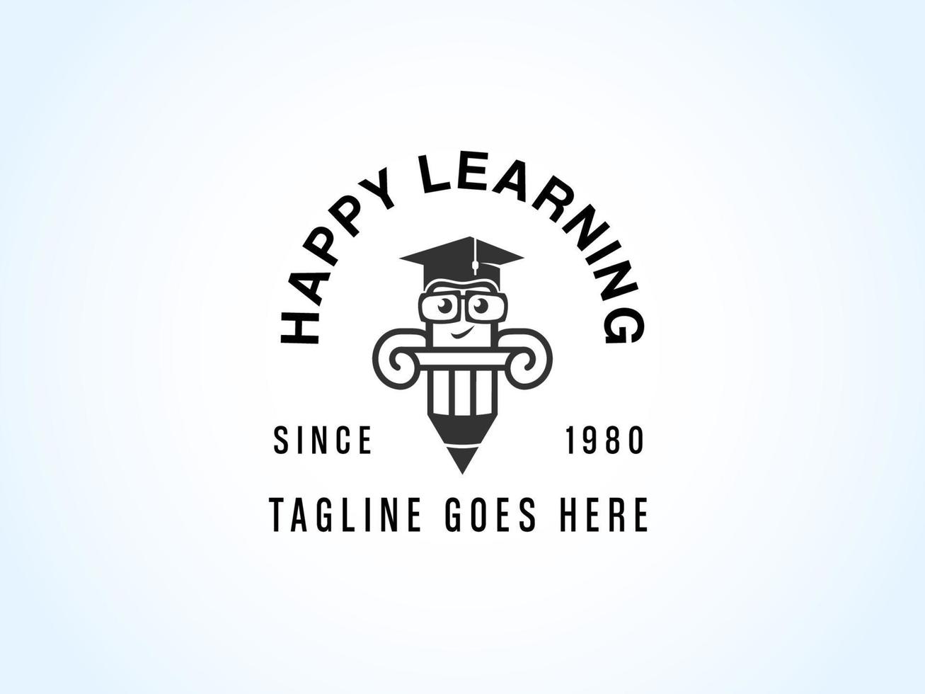education logo design, cartoon pencil with eyeglasses and graduation hat standing in book vector