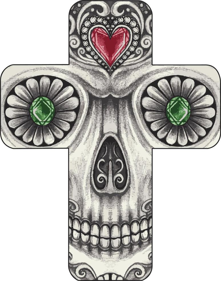 cruz de calavera de fantasía de arte. dibujo a mano y hacer vector gráfico.