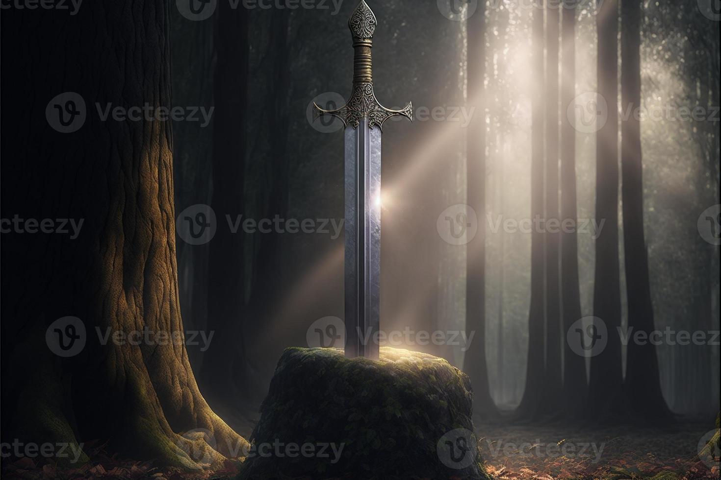 Sword Excalibur stuck in the stone in the middle of the forest. Digital illustration AI photo