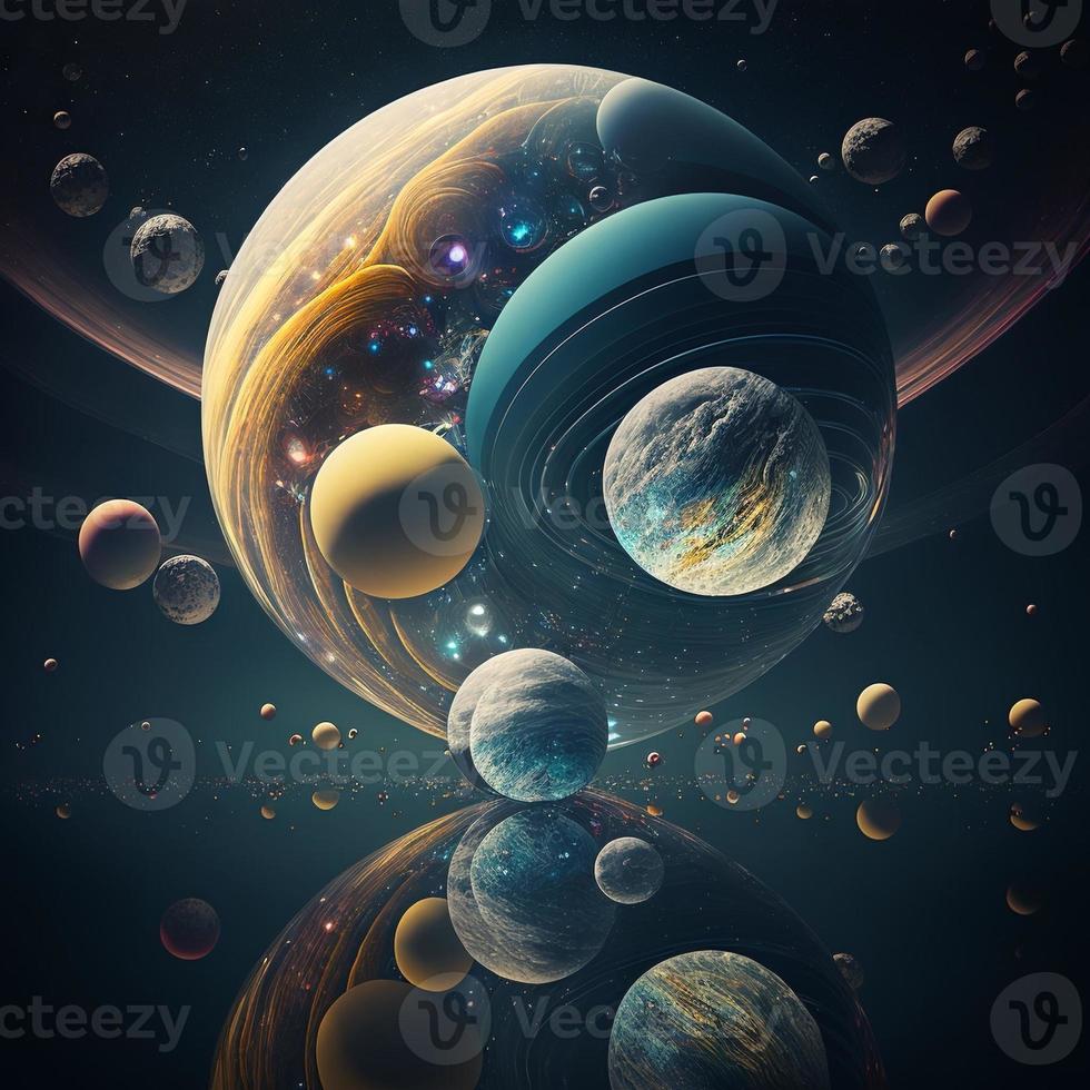 Multiverse with several planets and galaxies. AI photo