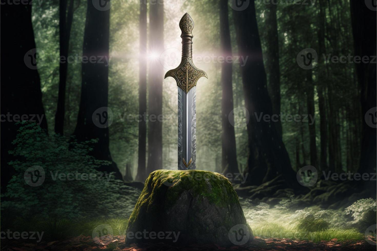 Sword Excalibur stuck in the stone in the middle of the forest. Digital illustration AI photo