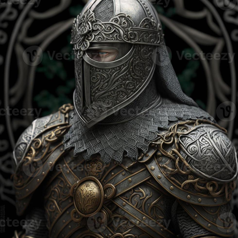 Celtic knight in matte silver armor. Digital illustration. AI photo