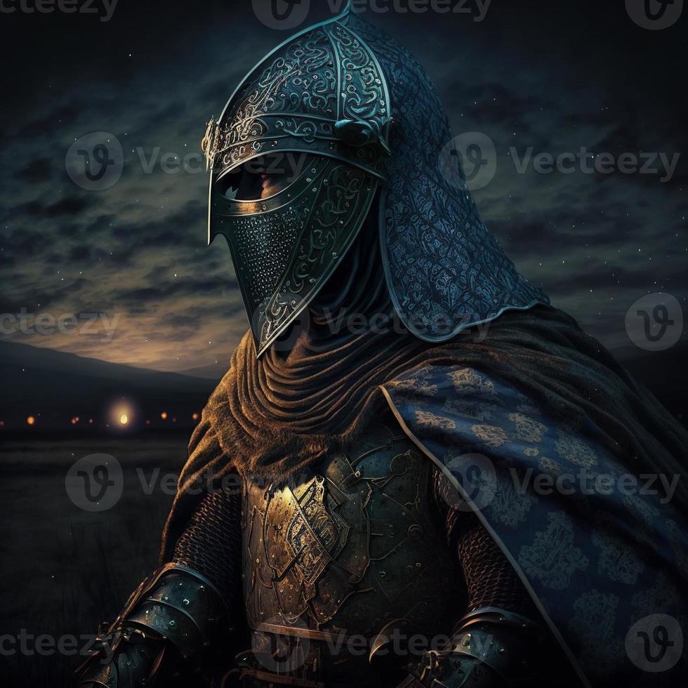 Celtic knight in matte silver armor. Digital illustration. AI photo