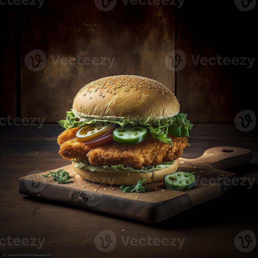 Crispy chicken burger with tomato lettuce. photo