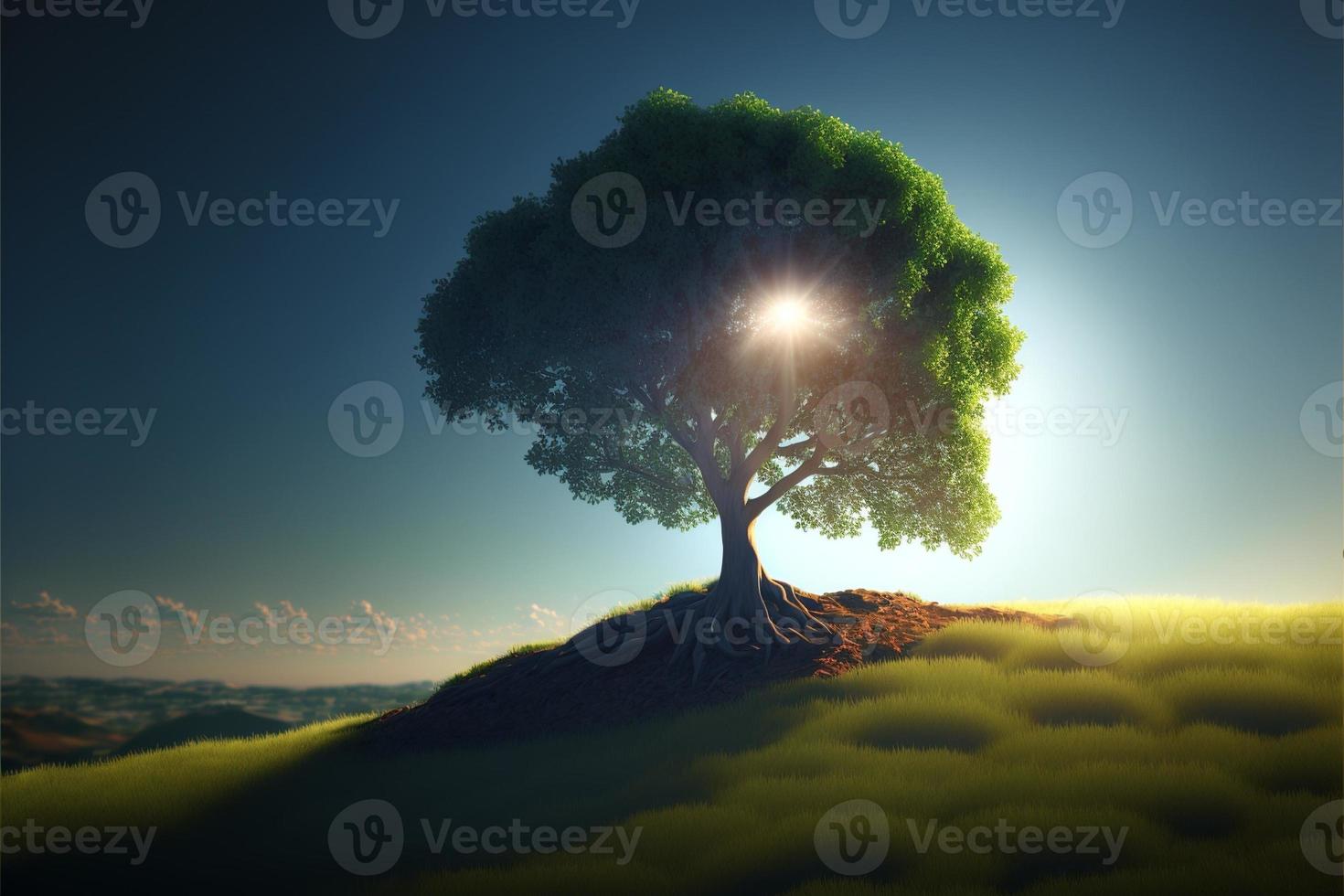 Landscape of tree on the hill with field, clouds and sunbeams in the sky. Digital illustration. AI photo