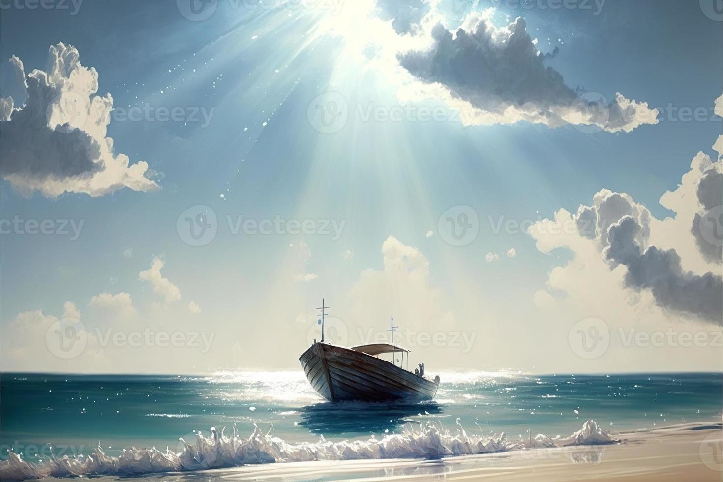 Beach landscape with boat, sea and sky with clouds and sun. AI photo