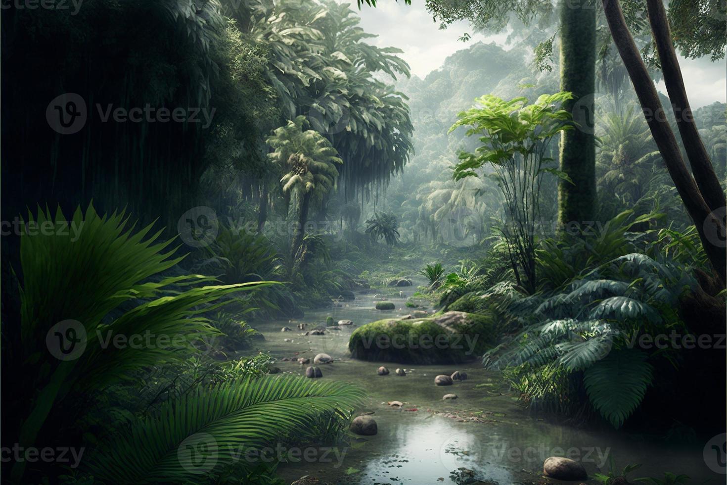 Tropical forest landscape with lake. AI photo