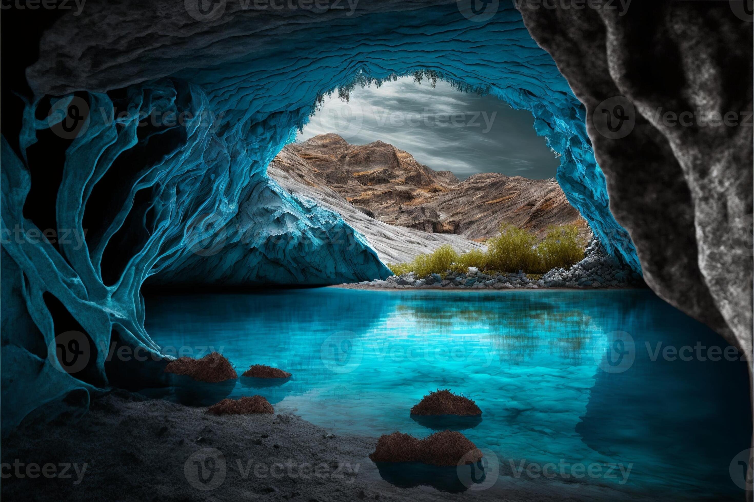 Cave with lake of blue water with mountains in the background 22053181 Cave with lake of blue water with mountains in the background 22053181
