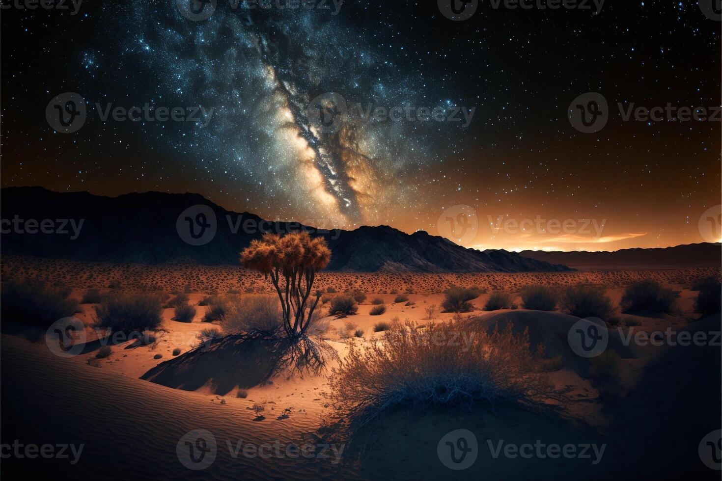 Desierto noche paisaje con cactus montañas y lechoso camino en el cielo. generativo ai foto