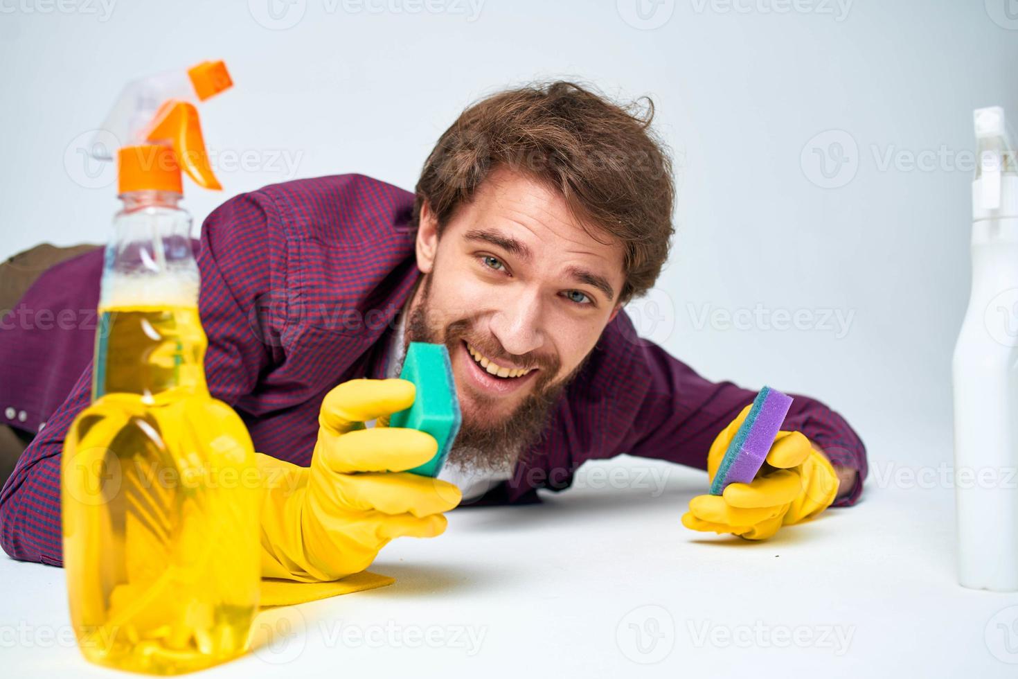 Cheerful cleaner washing detergent hygiene service professional photo