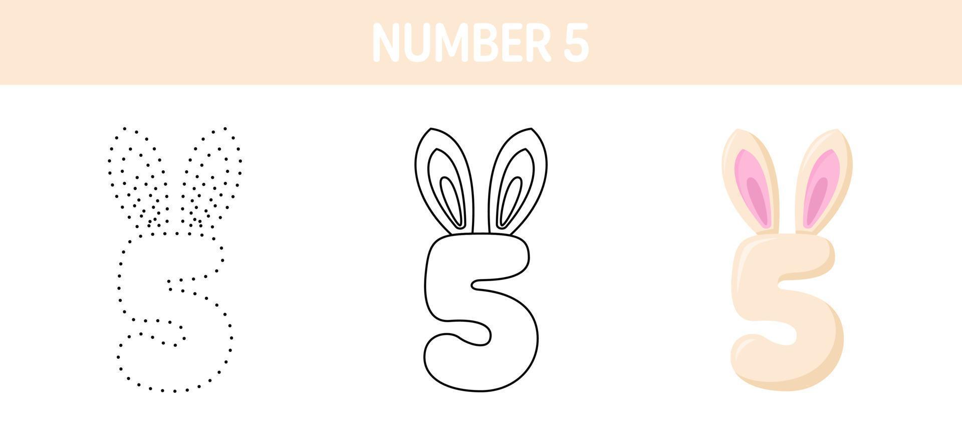 Number 5 tracing and coloring worksheet for kids vector