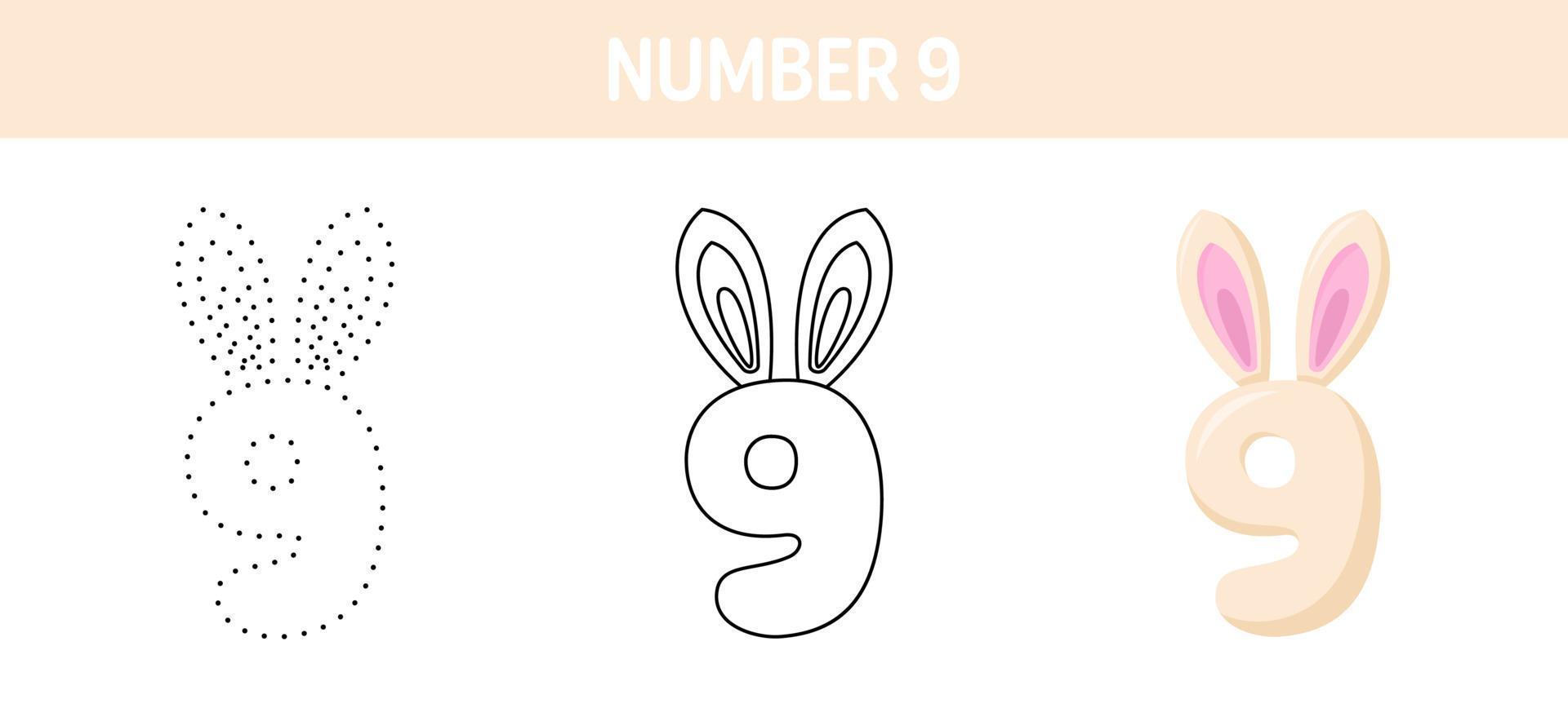 Number 9 tracing and coloring worksheet for kids vector