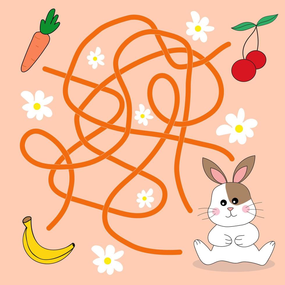 Help cute bunny find path to carrot. Labyrinth. Maze game for kids. Messy line children logic game. Confusing path lines vector illustration.