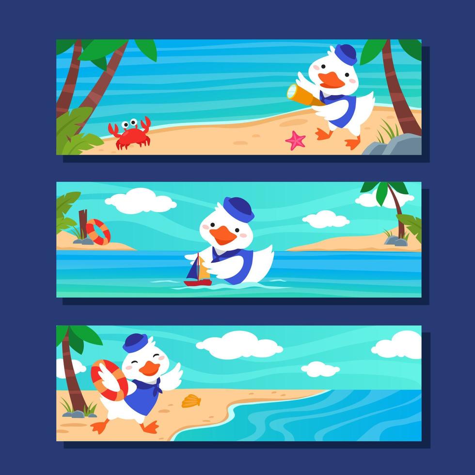 Banners Set of Duck Playing on a Beach vector