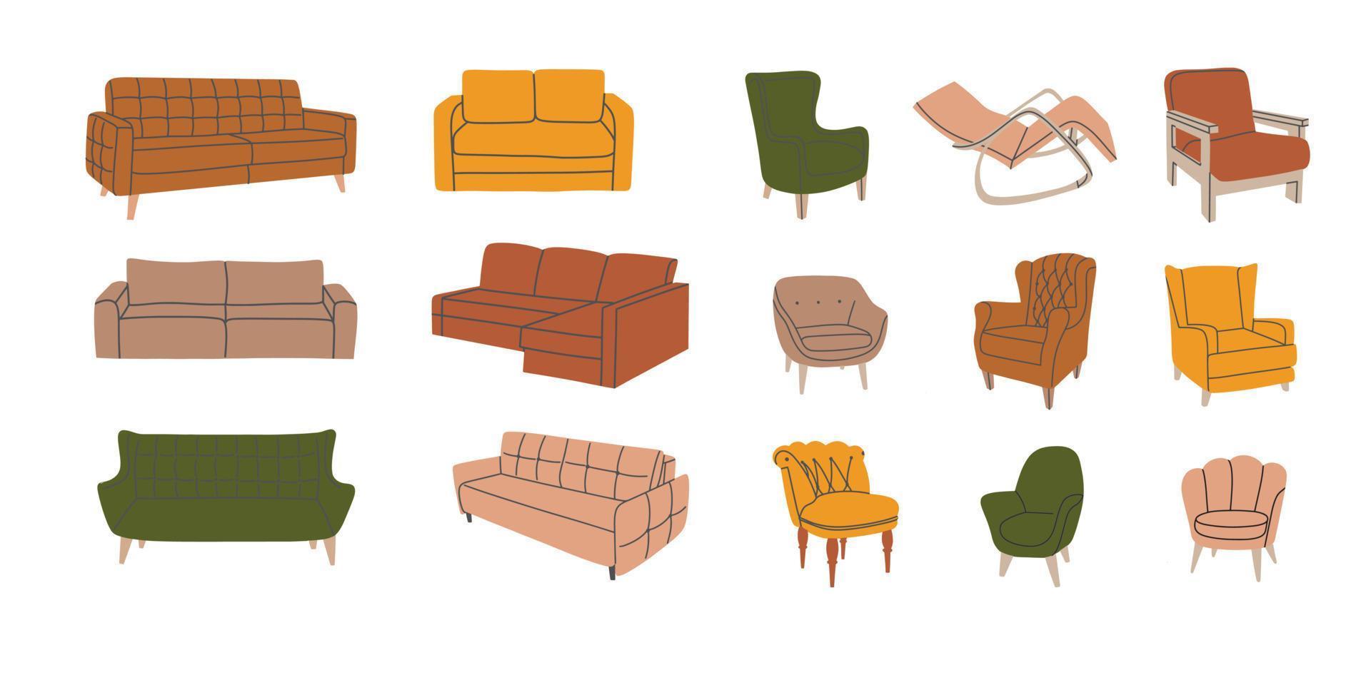 Set of various trendy colorful armchairs and couches. Soft furniture collection for interior design and decoration. Hand drawn vector illustration isolated on white background