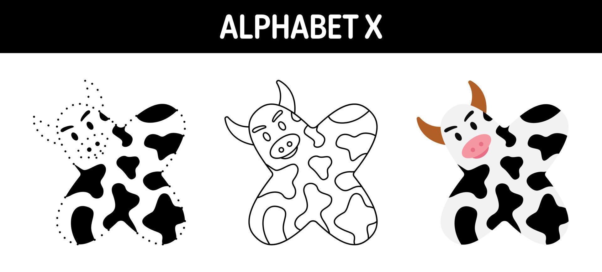 Alphabet X tracing and coloring worksheet for kids vector