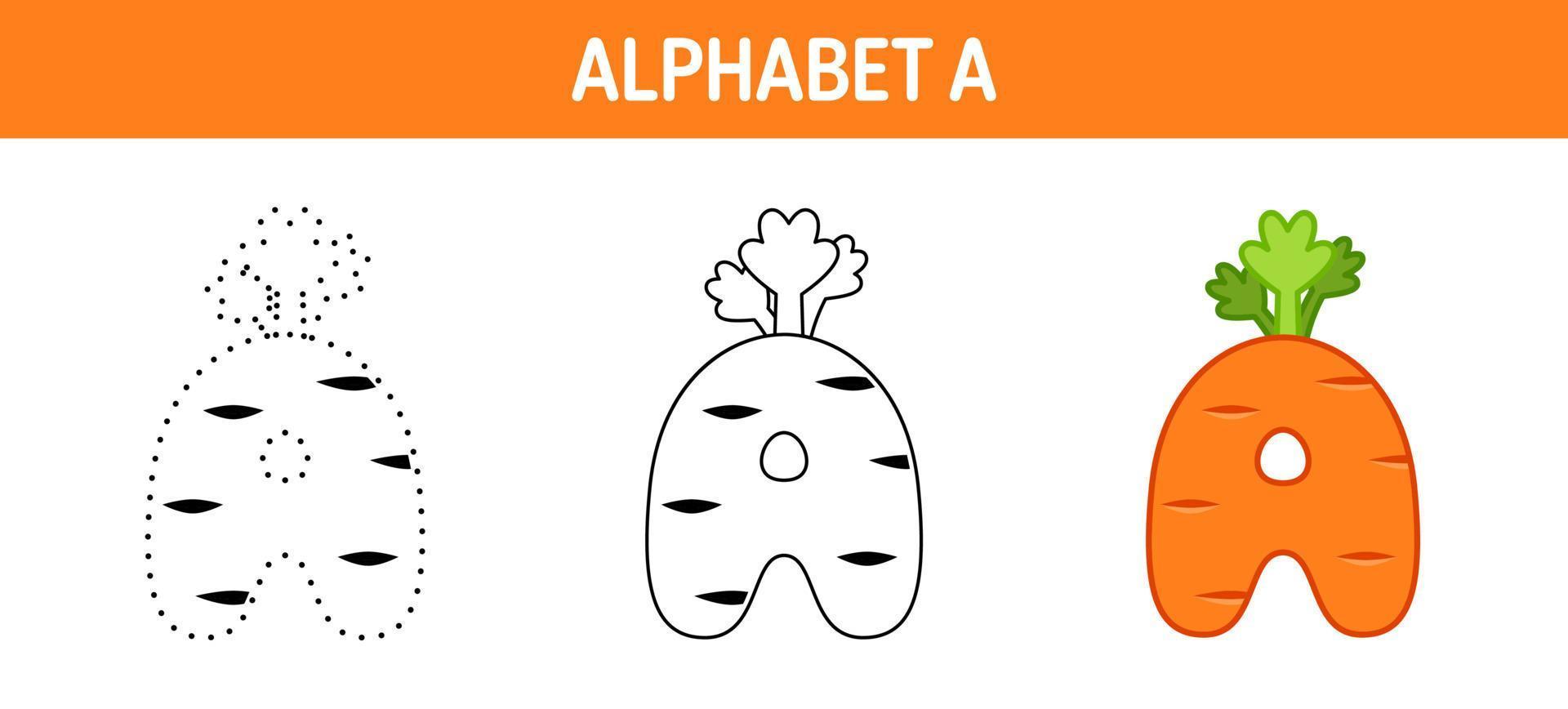 Alphabet A tracing and coloring worksheet for kids vector