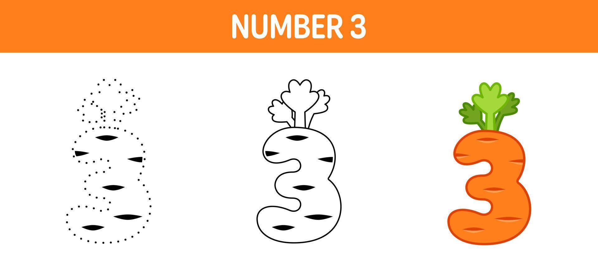 Number 3 tracing and coloring worksheet for kids vector